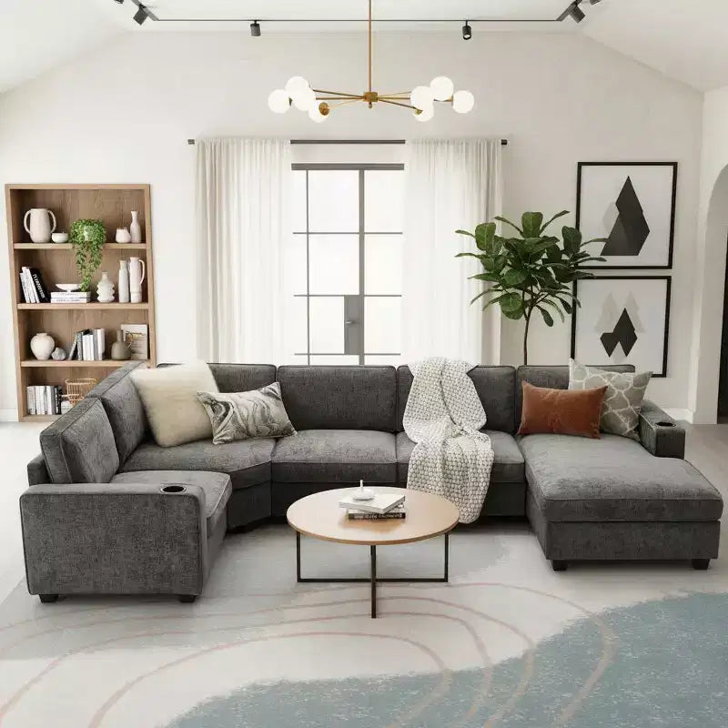 Divano componibile a U a 6 posti in ciniglia con chaise longue oversize