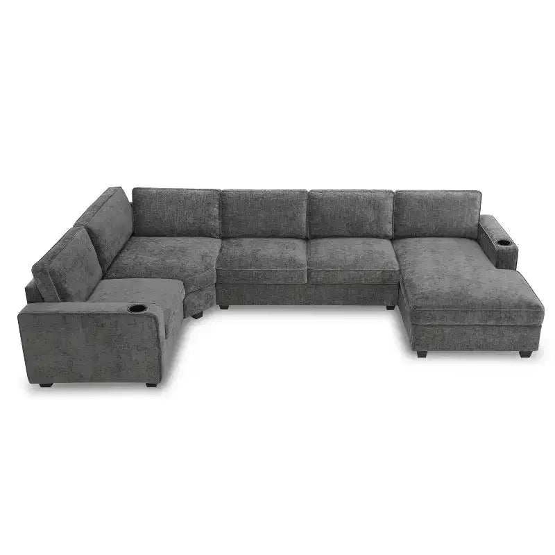 Divano componibile a U a 6 posti in ciniglia con chaise longue oversize