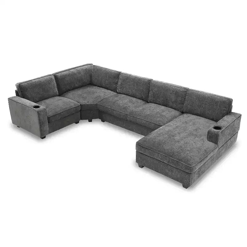 Divano componibile a U a 6 posti in ciniglia con chaise longue oversize