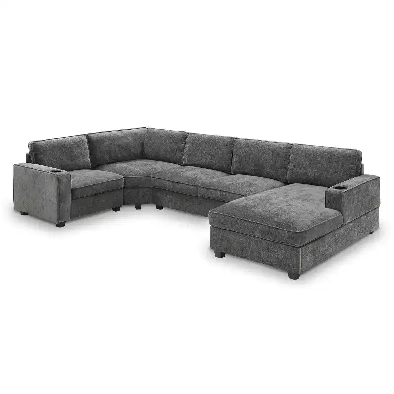 Divano componibile a U a 6 posti in ciniglia con chaise longue oversize