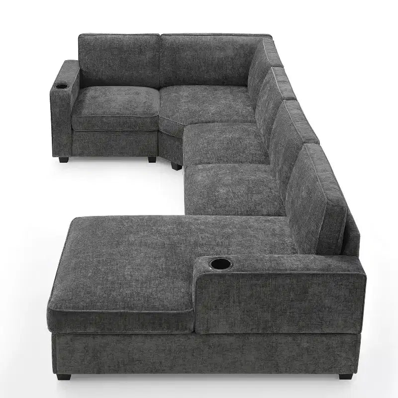 Divano componibile a U a 6 posti in ciniglia con chaise longue oversize