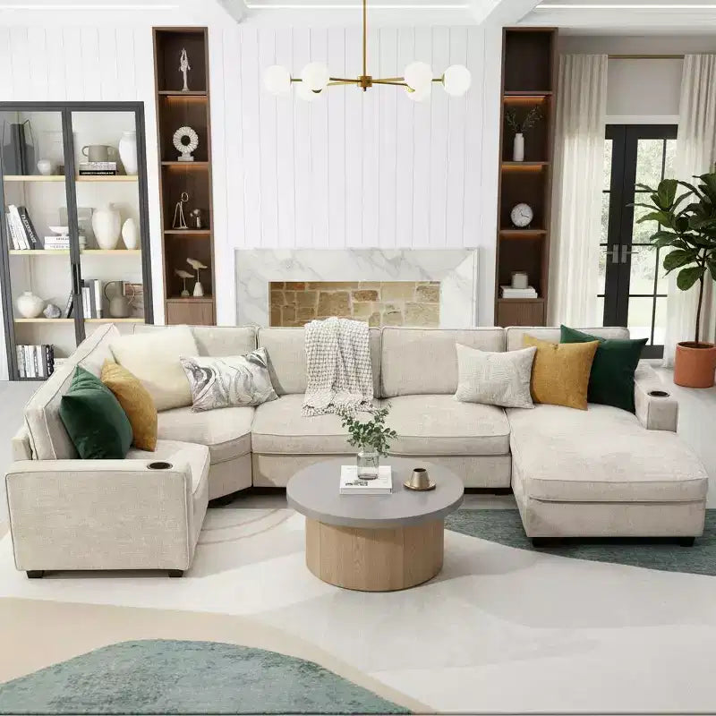 Divano componibile a U a 6 posti in ciniglia con chaise longue oversize