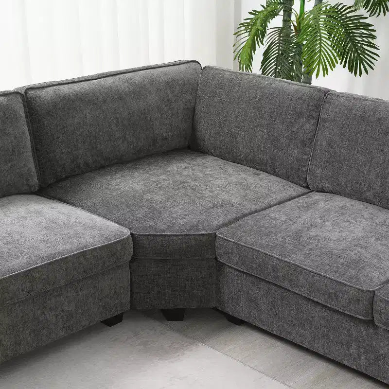 Divano componibile a U a 6 posti in ciniglia con chaise longue oversize
