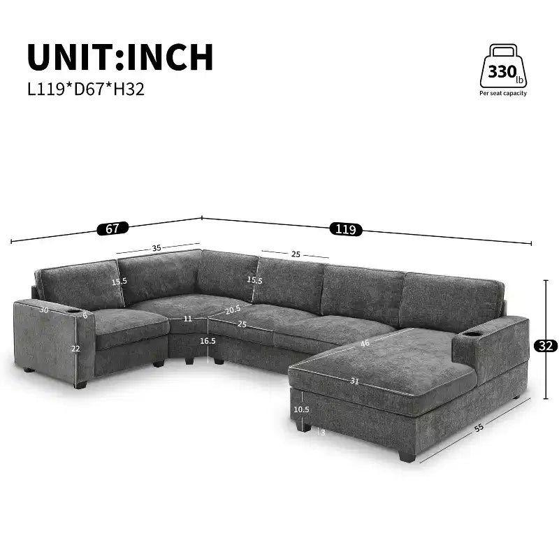 Divano componibile a U a 6 posti in ciniglia con chaise longue oversize