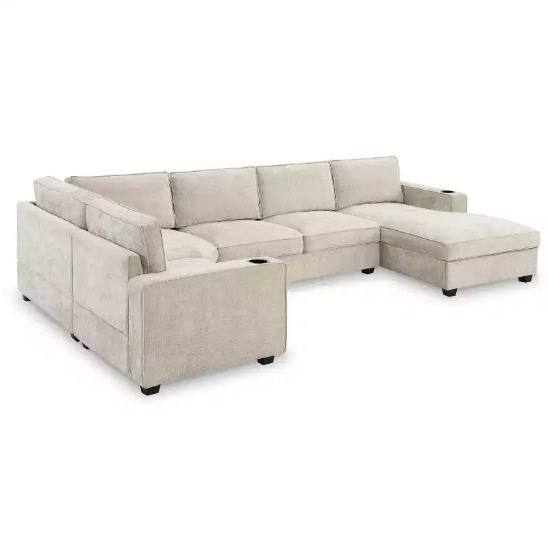Divano componibile a U a 6 posti in ciniglia con chaise longue oversize