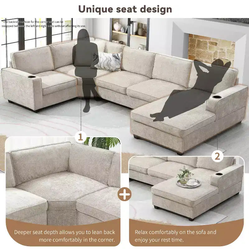 Divano componibile a U a 6 posti in ciniglia con chaise longue oversize