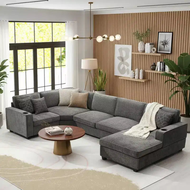 6-Seat U-Shaped Chenille Sectional Sofa with Oversized Chaise