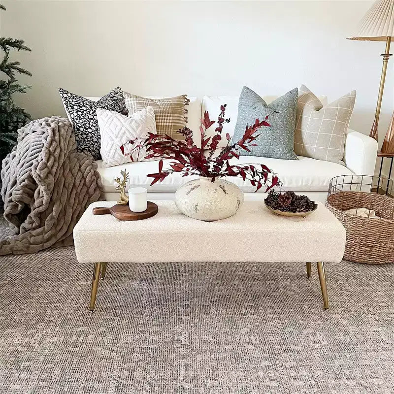 Faux Shearling Upholstered Bench with Button Tufting & Metal Legs