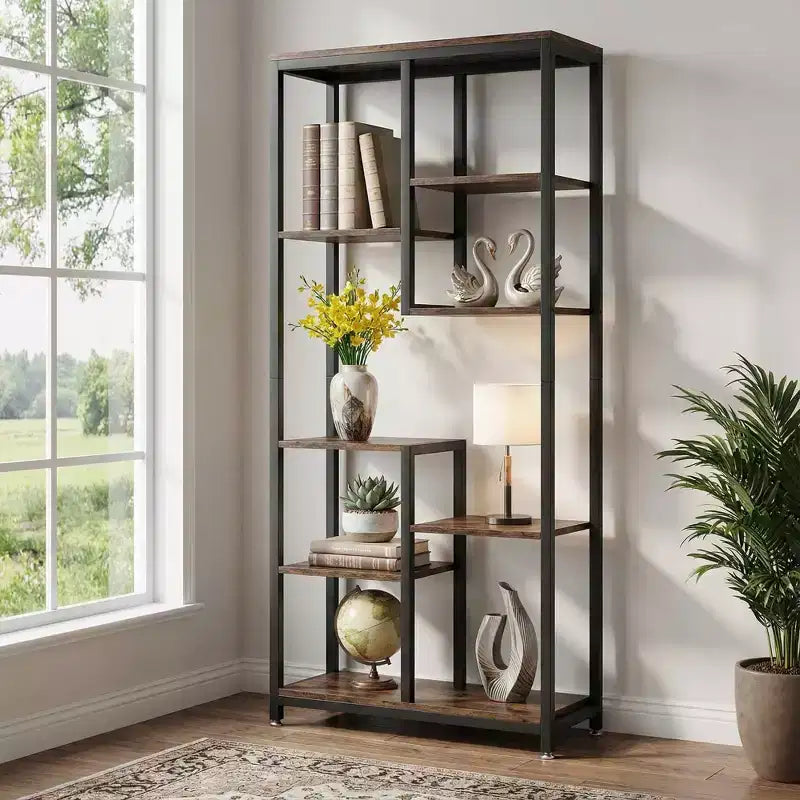 8-Tier Staggered Industrial Bookshelf with Metal Frame