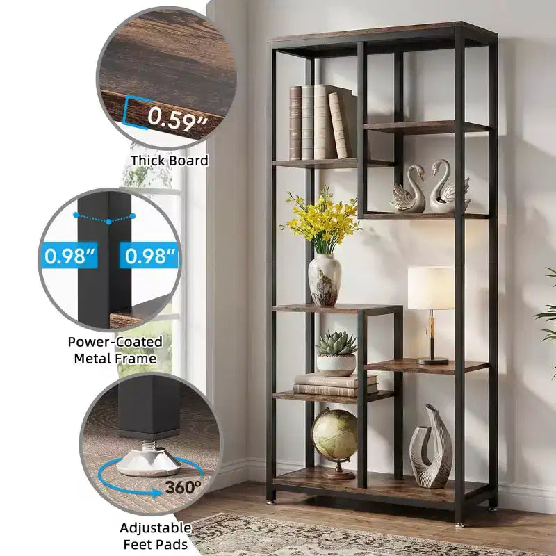 8-Tier Staggered Industrial Bookshelf with Metal Frame