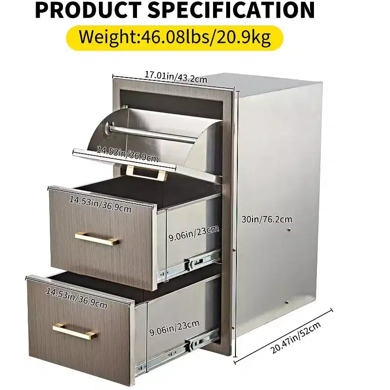 Cassettiera Tripla per Barbecue con Portarotolo – 17" L x 30" A x 21" P
