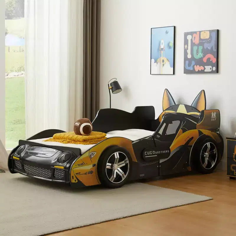 Lettino per bambini a forma di auto da corsa, con fari a LED, misura singola
