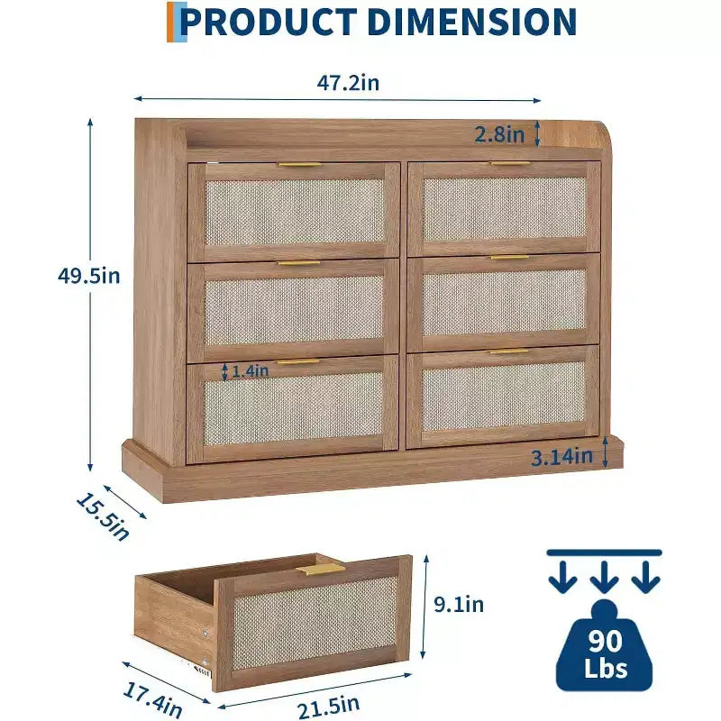 6-Drawer Rattan Dresser with Gold Handles