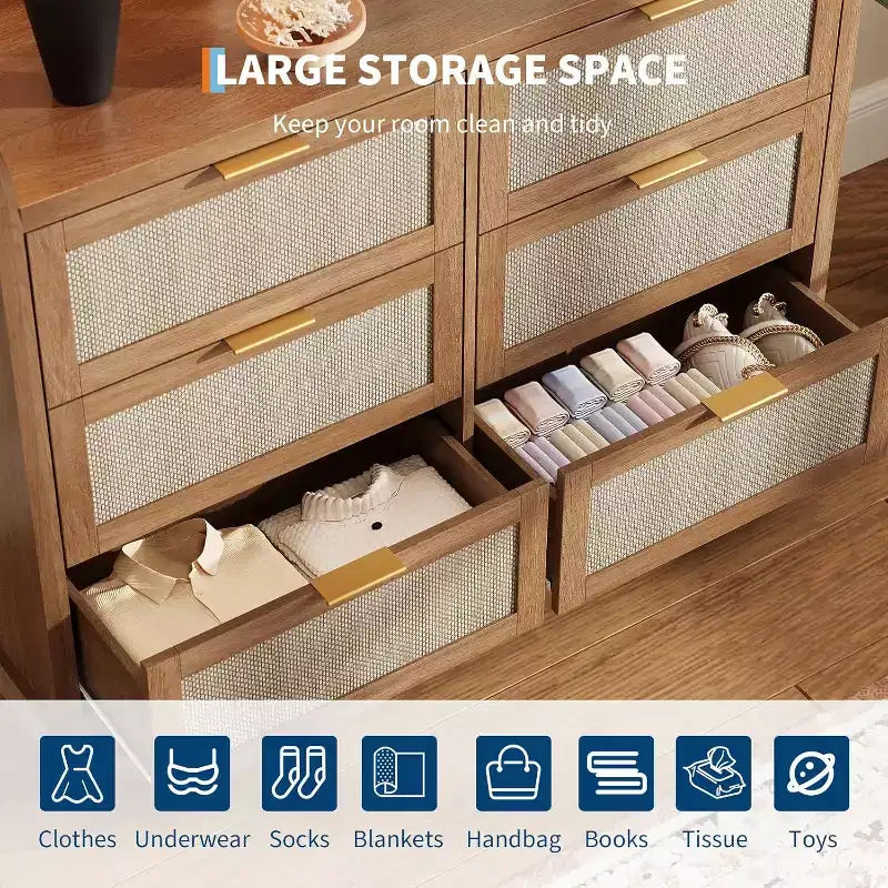 6-Drawer Rattan Dresser with Gold Handles