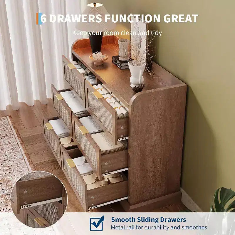 6-Drawer Rattan Dresser with Gold Handles