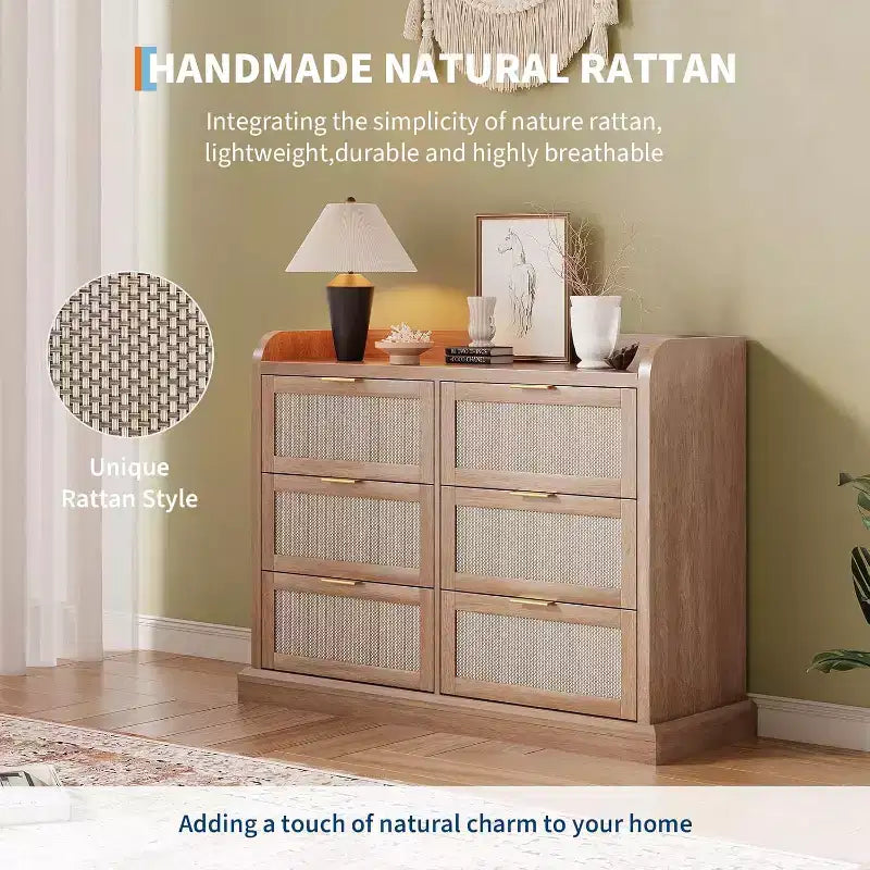 6-Drawer Rattan Dresser with Gold Handles
