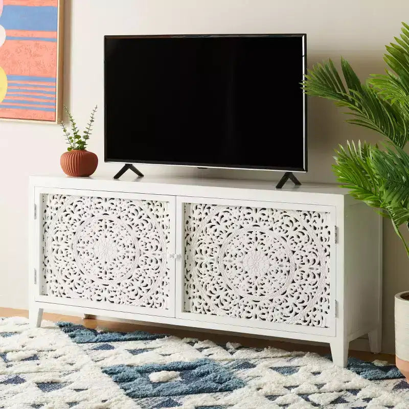 Mobile TV in Legno di Mango con 2 Ante e 2 Ripiani – Finitura Bianco Decapato