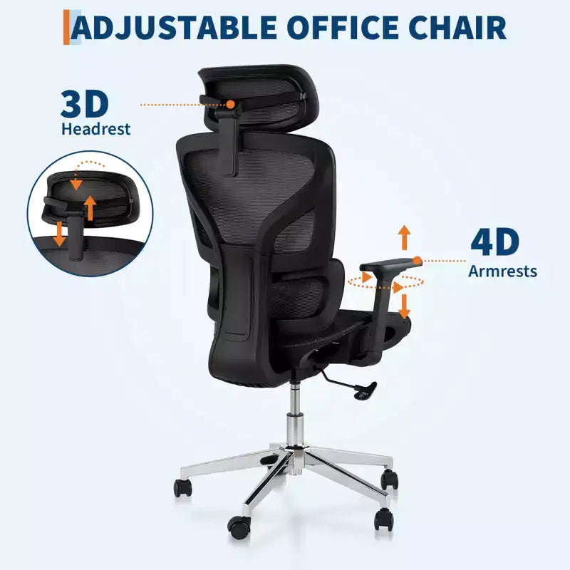 Sedia da ufficio ergonomica in rete con schienale alto, supporto lombare e braccioli regolabili 4D
