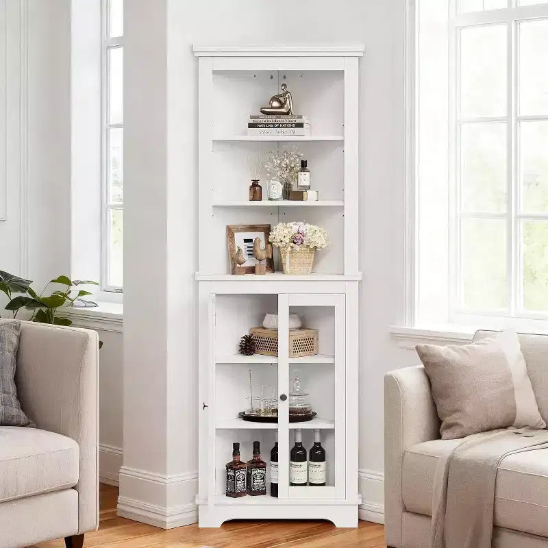 Tall Corner Cabinet with Glass Doors and Adjustable Shelves