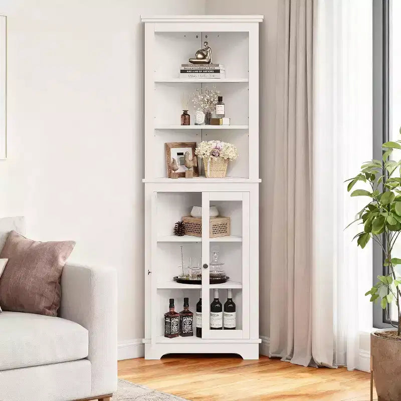 Tall Corner Cabinet with Glass Doors and Adjustable Shelves