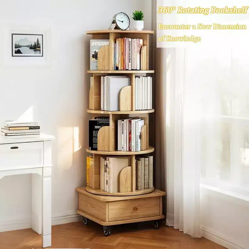 5-Tier 360° Rotating Bookshelf with Wheels and Drawer