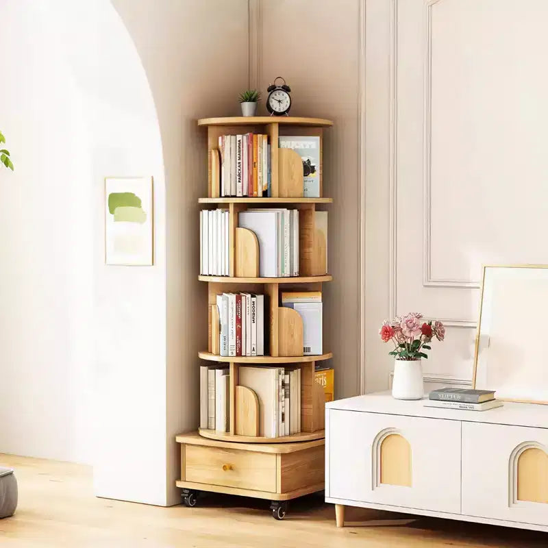 5-Tier 360° Rotating Bookshelf with Wheels and Drawer