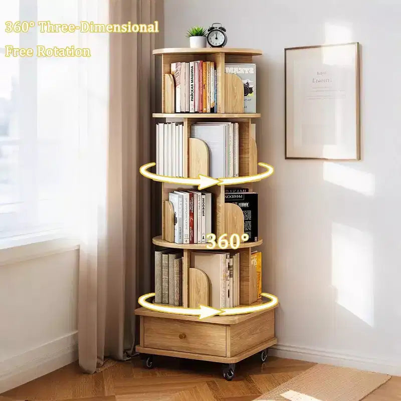 5-Tier 360° Rotating Bookshelf with Wheels and Drawer