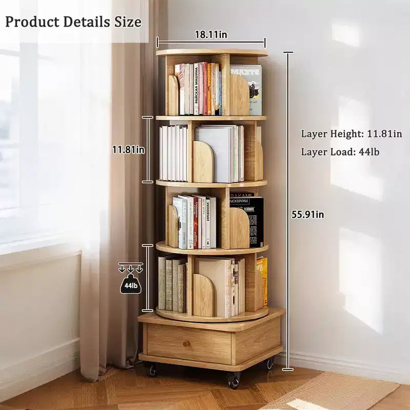 Libreria girevole a 360° a 5 ripiani con ruote e cassetto