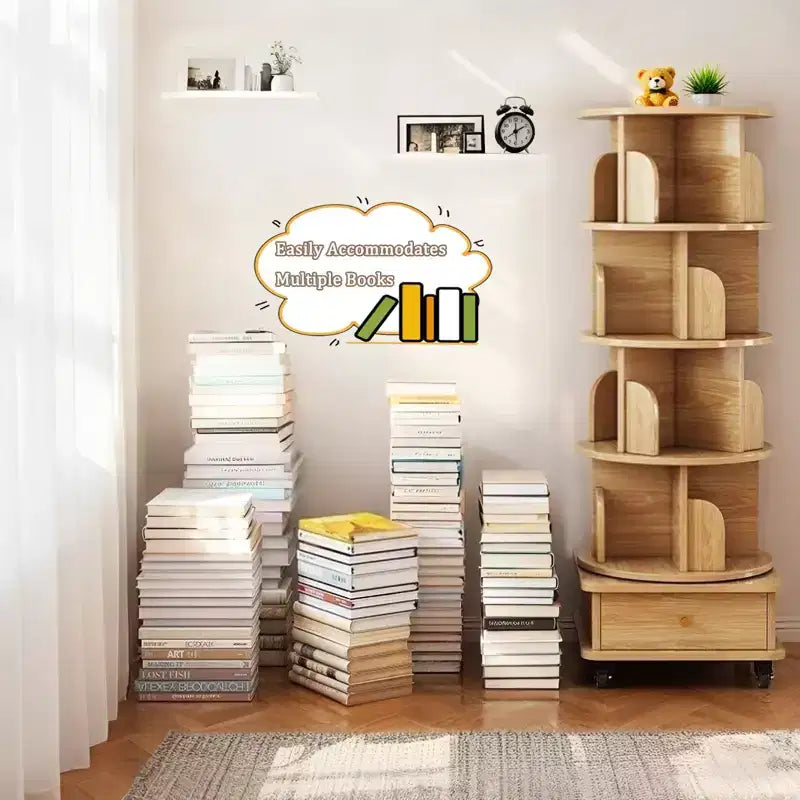 Libreria girevole a 360° a 5 ripiani con ruote e cassetto