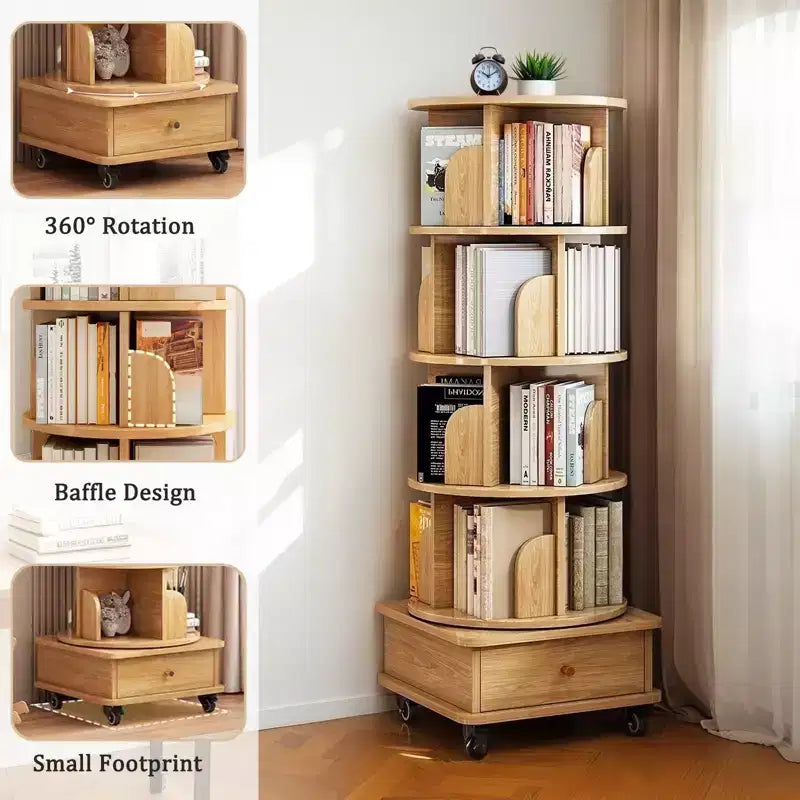 Libreria girevole a 360° a 5 ripiani con ruote e cassetto