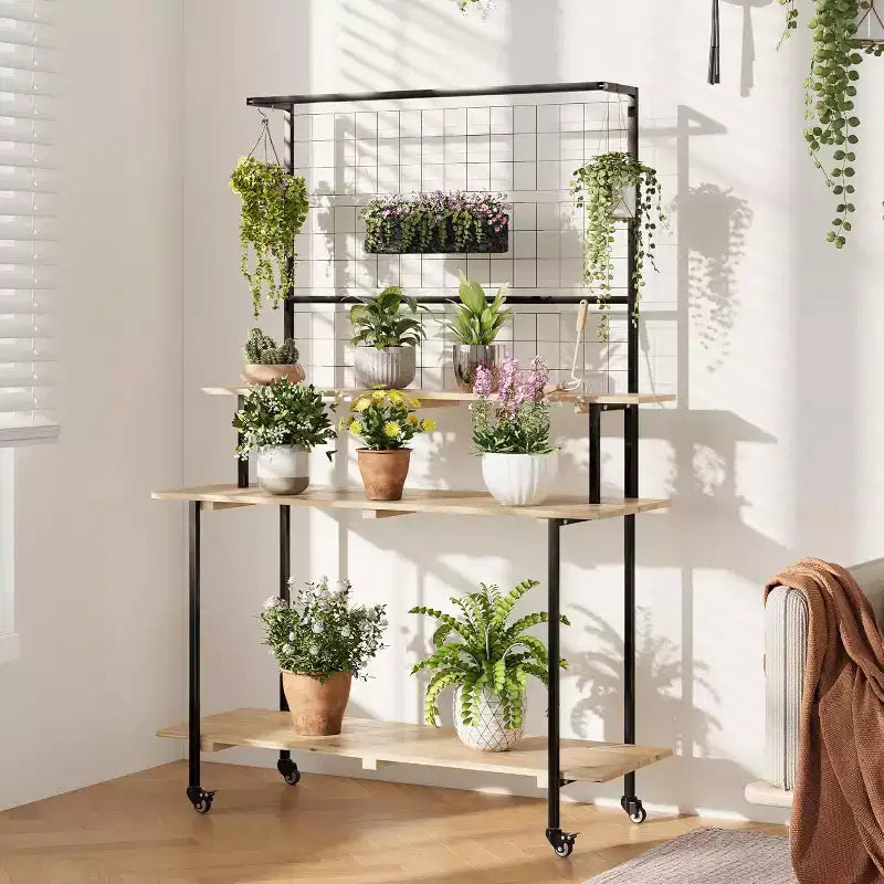 Grid Wall Plant Stand 3-Tier,Heavy Duty Metal Grid Display with Adjustable Shelves & Hooks, Multi-Purpose Indoor Outdoor Plant Shelf for Garden,Home