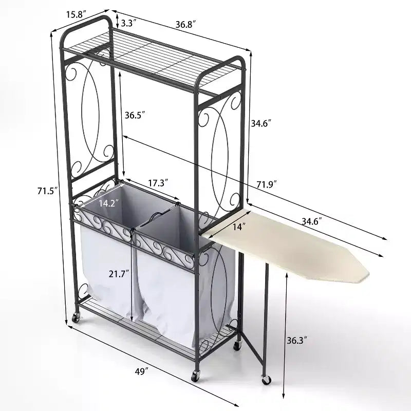 Rolling Laundry Hamper with Hanging Rail and Storage Shelf