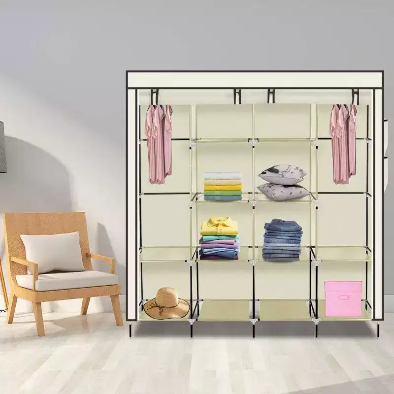 Armadio Portatile con 12 Ripiani e Asta Appendino – Beige
