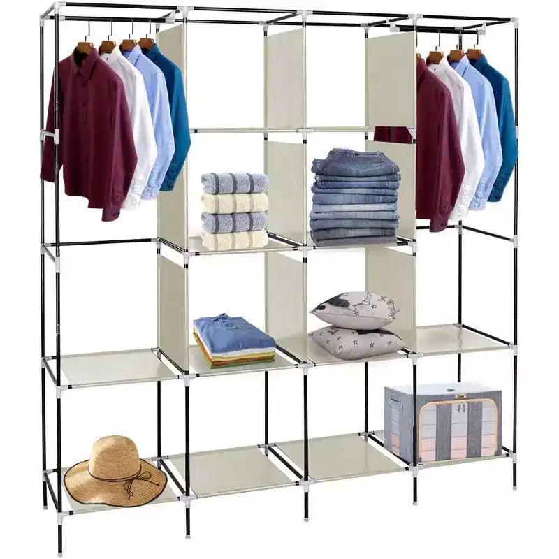 Portable Wardrobe with 12 Shelves and Hanging Rod – Beige