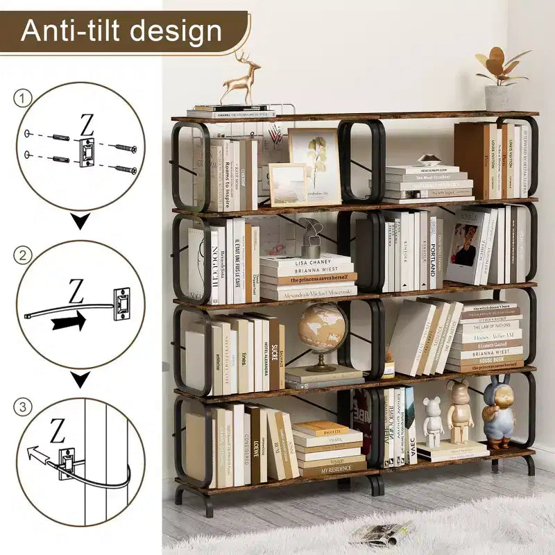 5-Tier Industrial Bookshelf – Rustic Brown MDF & Metal Frame with Anti-Tipping