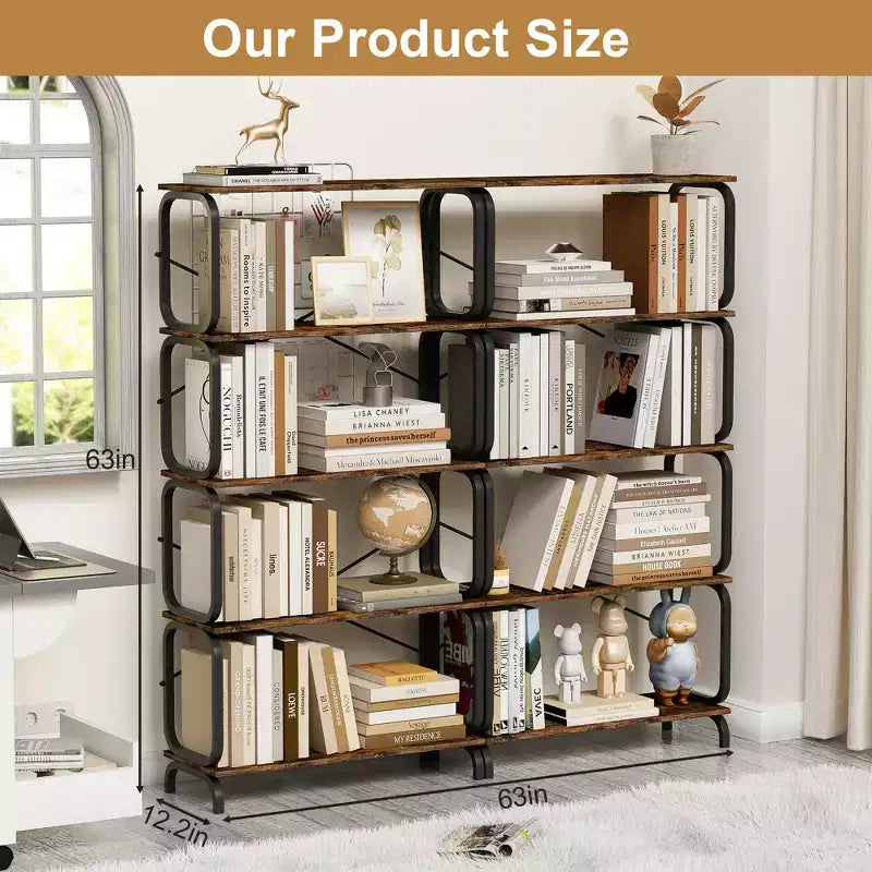 5-Tier Industrial Bookshelf – Rustic Brown MDF & Metal Frame with Anti-Tipping