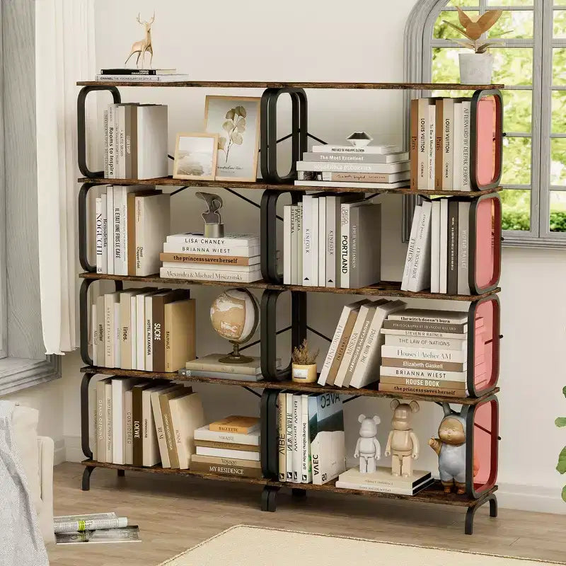 5-Tier Industrial Bookshelf – Rustic Brown MDF & Metal Frame with Anti-Tipping