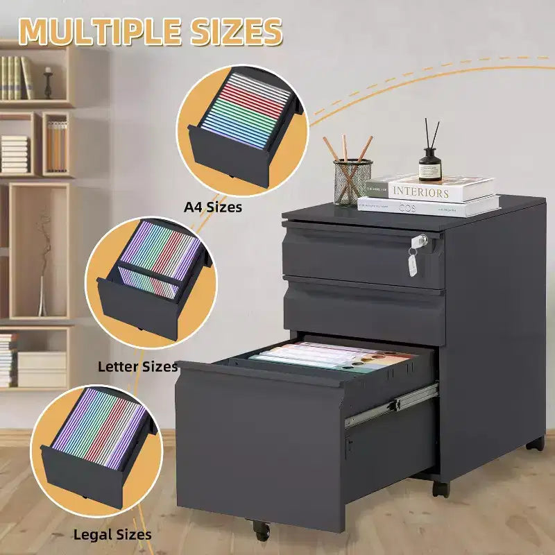 3-Drawer Mobile Filing Cabinet with Lock – Under Desk Rolling Metal File Organizer