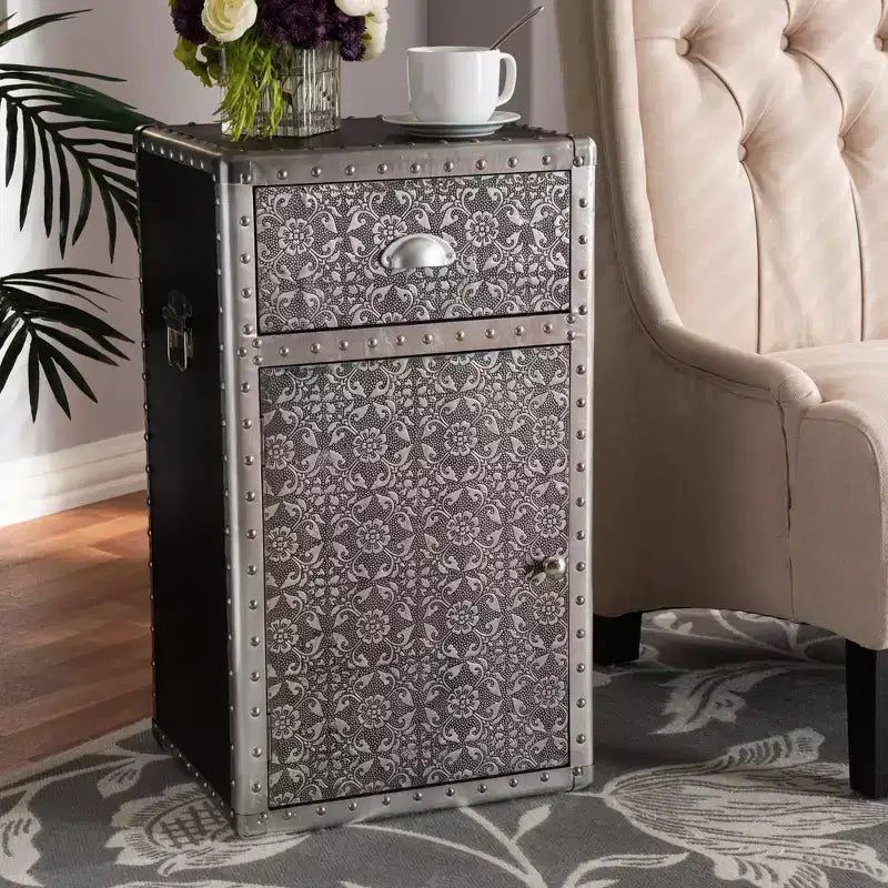 Floral Metal Accent Cabinet with Drawer and Door Storage – Silver