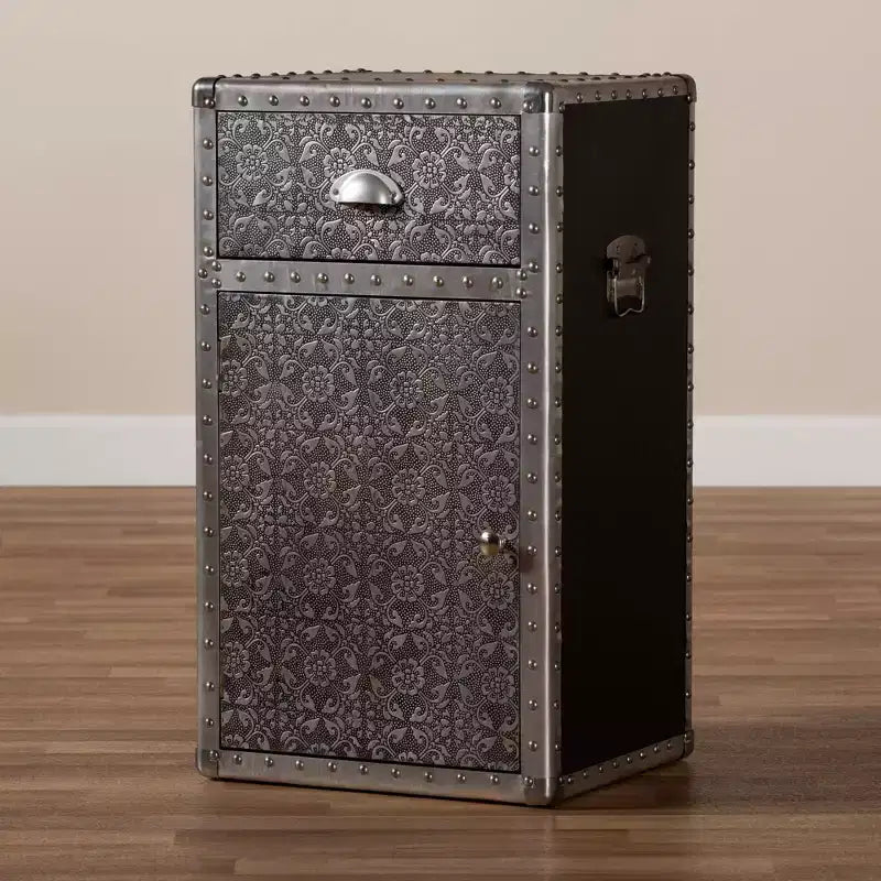 Floral Metal Accent Cabinet with Drawer and Door Storage – Silver