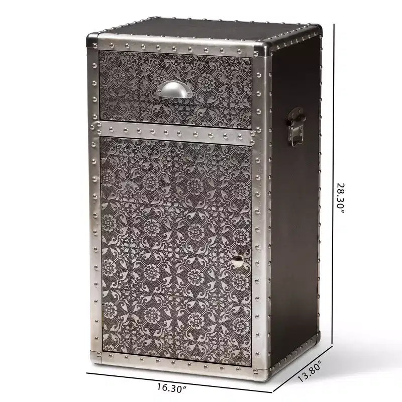 Floral Metal Accent Cabinet with Drawer and Door Storage – Silver