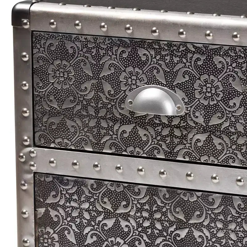 Floral Metal Accent Cabinet with Drawer and Door Storage – Silver