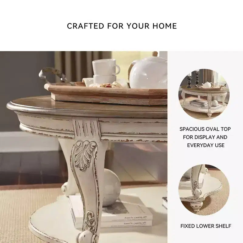 Oval Coffee Table – White & Brown, Distressed Wood Finish with Curved Legs