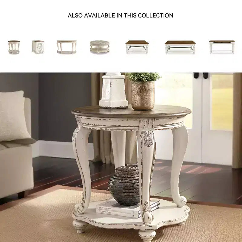 Oval Coffee Table – White & Brown, Distressed Wood Finish with Curved Legs